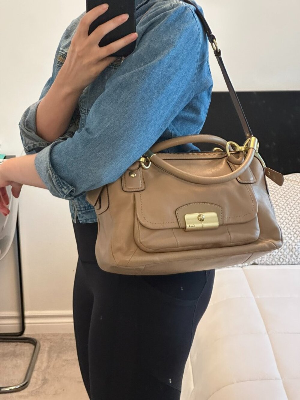 Coach Kristin Taupe Leather Medium Sized Satchel with Gold Hardware